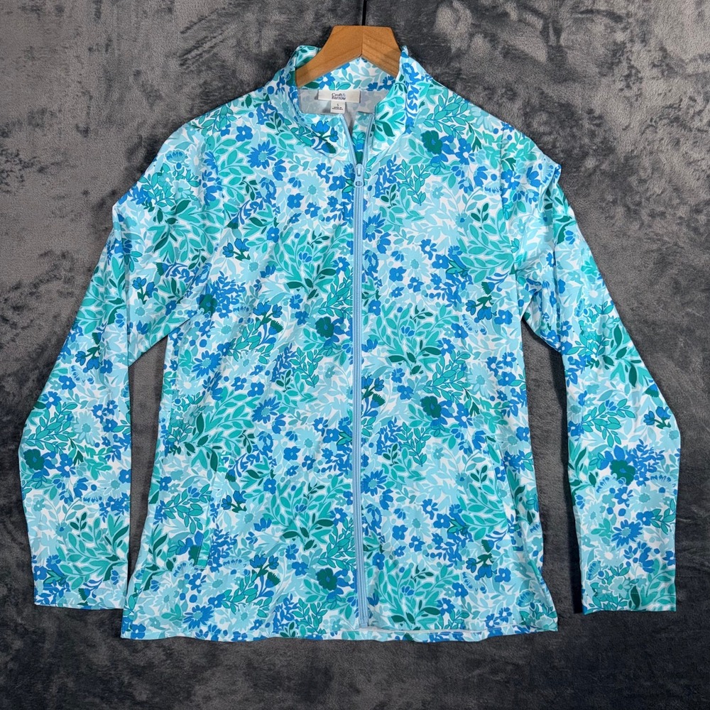 Croft & Barrow Womens Full Zip‎ Jacket Size S Blue Floral Long Sleeve Mock Neck